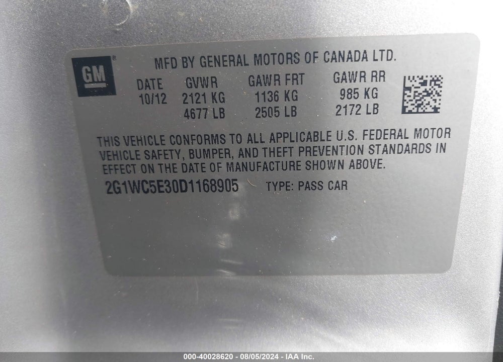 2013 CHEVROLET IMPALA LTZ VIN: 2G1WC5E30D1168905