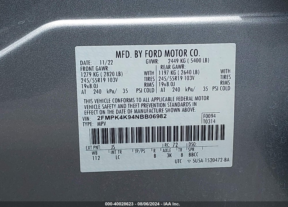 2022 FORD EDGE TITANIUM VIN: 2FMPK4K94NBB06982