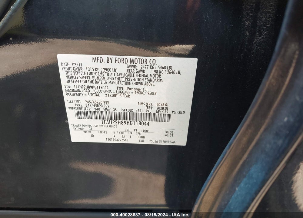 2017 FORD TAURUS SEL VIN: 1FAHP2H89HG118044