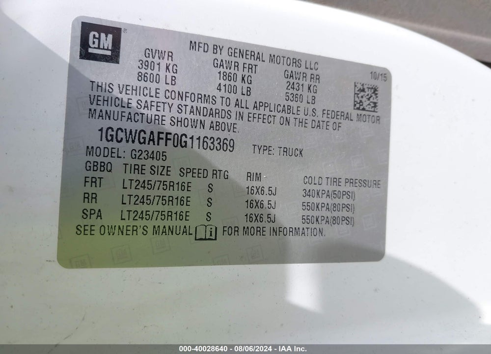 2016 CHEVROLET EXPRESS 2500 WORK VAN VIN: 1GCWGAFF0G1163369