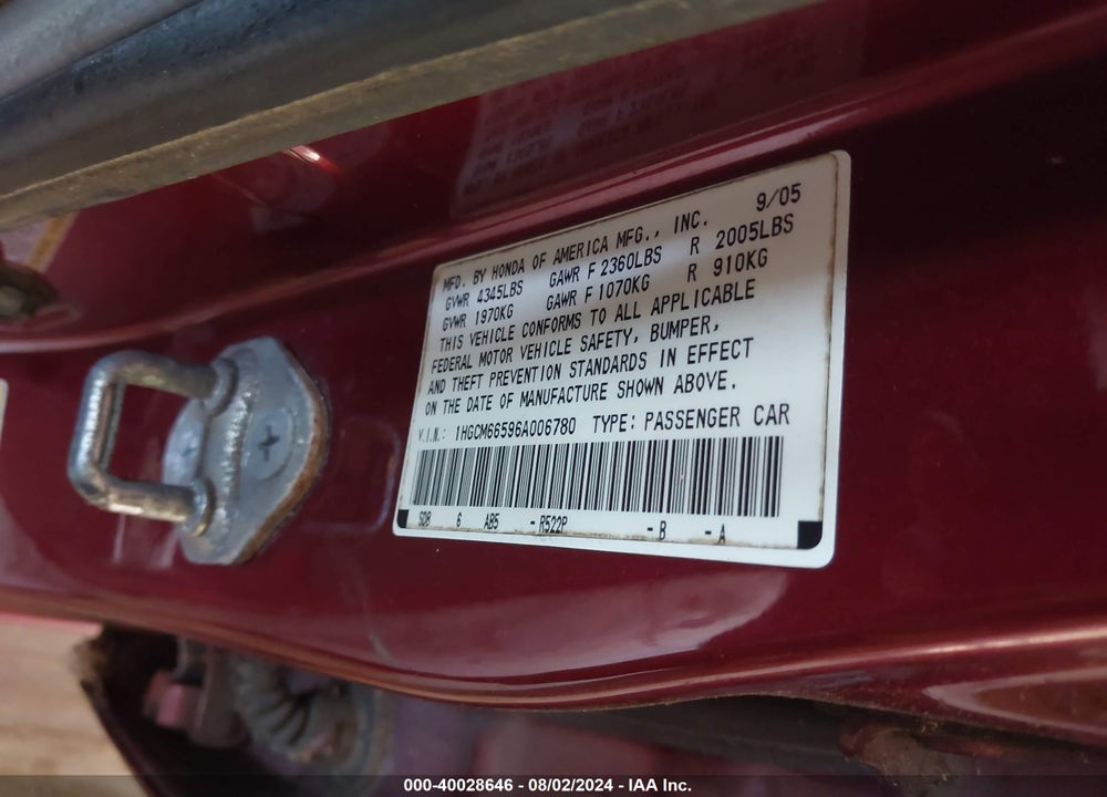 2006 HONDA ACCORD 3.0 EX VIN: 1HGCM66596A006780