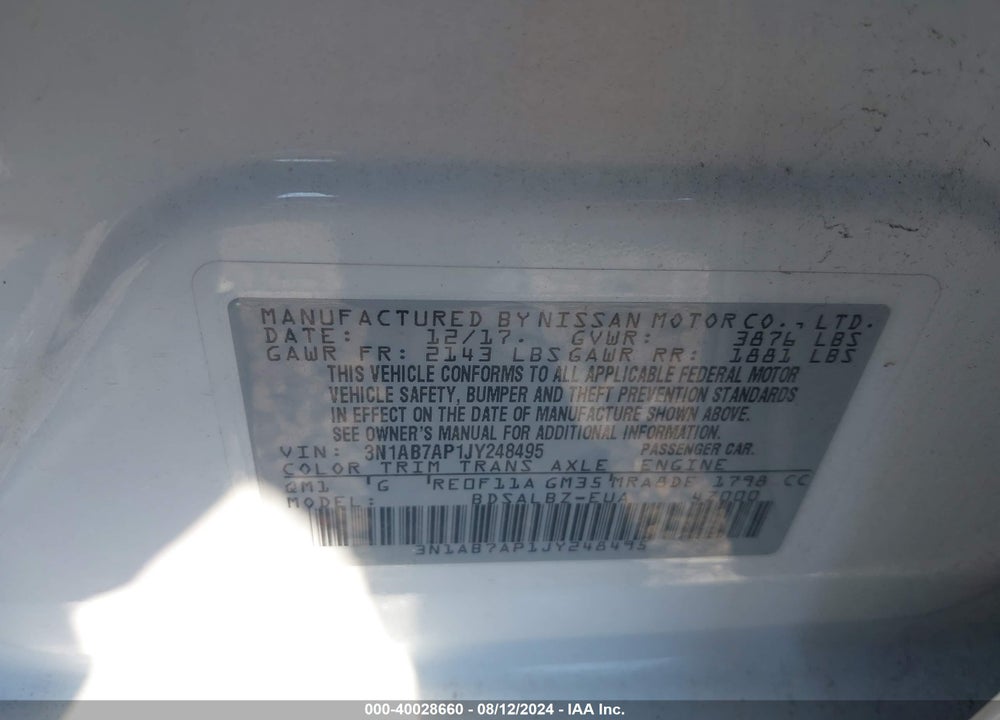 2018 NISSAN SENTRA S VIN: 3N1AB7AP1JY248495