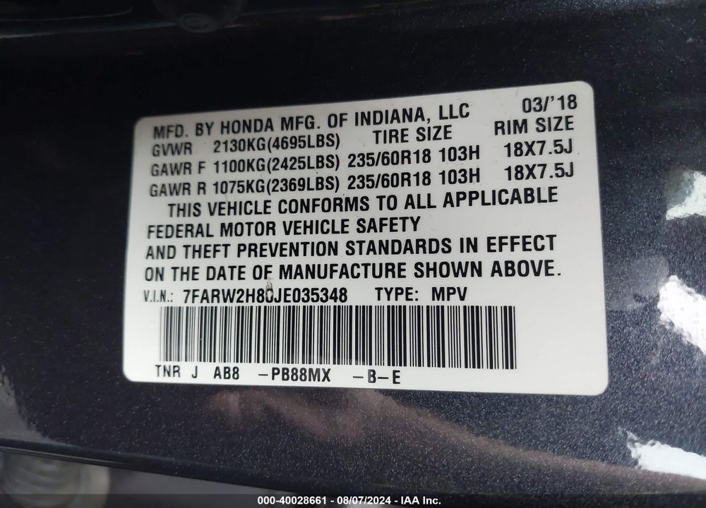 2018 HONDA CR-V EX-L/EX-L NAVI VIN: 7FARW2H80JE035348