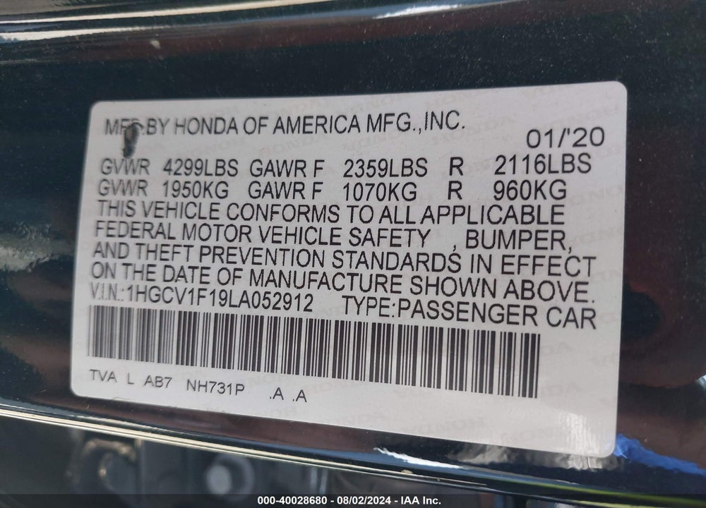 2020 HONDA ACCORD LX VIN: 1HGCV1F19LA052912