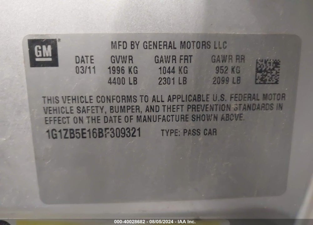 2011 CHEVROLET MALIBU LS VIN: 1G1ZB5E16BF309321