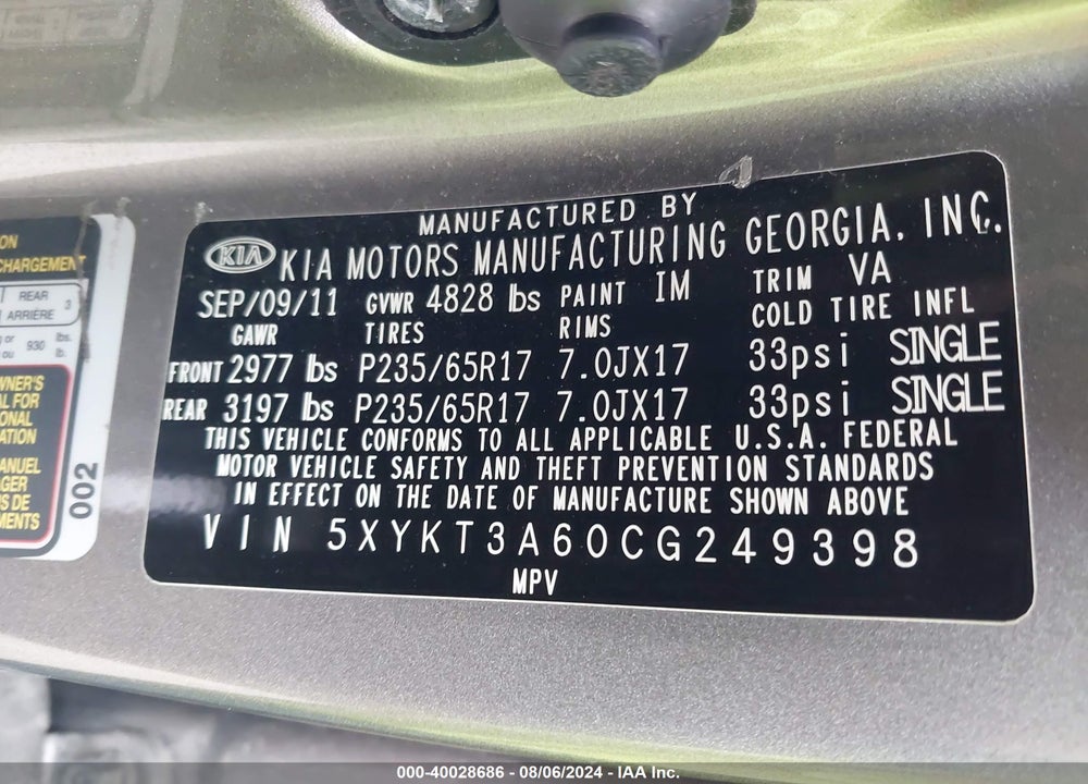 2012 KIA SORENTO LX VIN: 5XYKT3A60CG249398