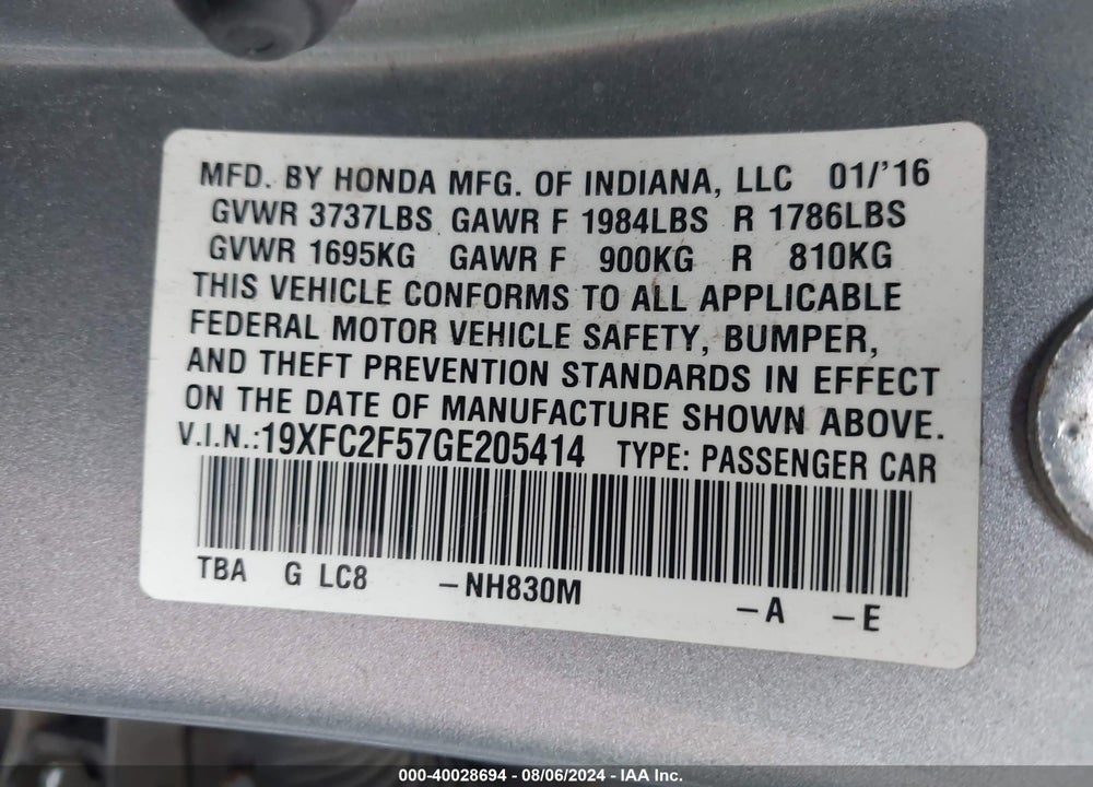 2016 HONDA CIVIC LX VIN: 19XFC2F57GE205414