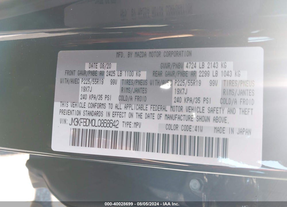 2020 MAZDA CX-5 GRAND TOURING VIN: JM3KFBDM0L0868642