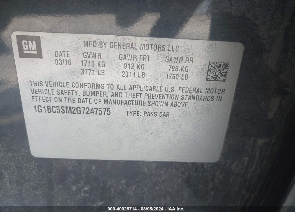 2016 CHEVROLET CRUZE LS AUTO VIN: 1G1BC5SM2G7247575