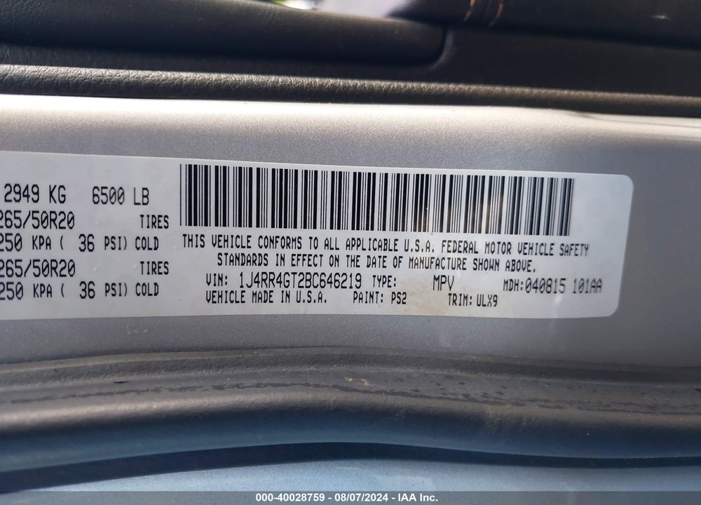 2011 JEEP GRAND CHEROKEE LAREDO VIN: 1J4RR4GT2BC646219