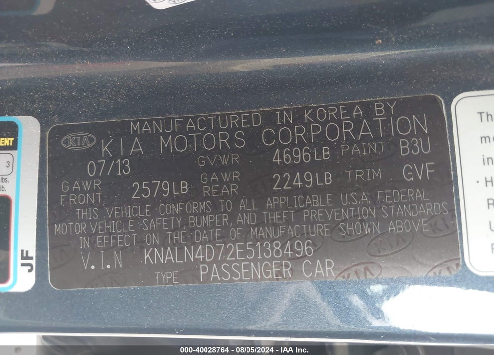 2014 KIA CADENZA PREMIUM VIN: KNALN4D72E5138496
