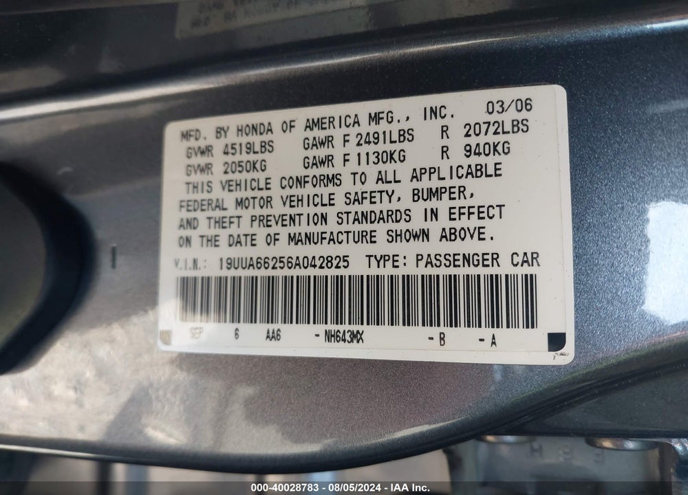2006 ACURA TL VIN: 19UUA66256A042825