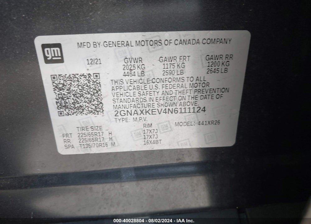 2022 CHEVROLET EQUINOX FWD LT VIN: 2GNAXKEV4N6111124