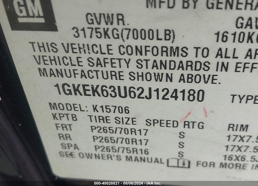 2002 GMC YUKON DENALI VIN: 1GKEK63U62J124180