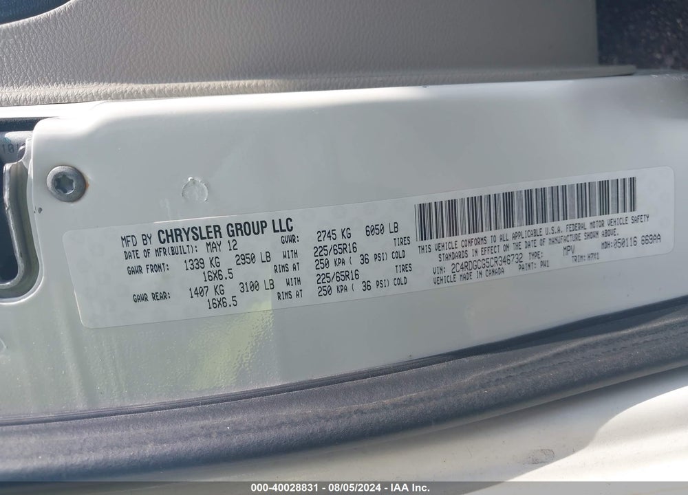 2012 DODGE GRAND CARAVAN SXT VIN: 2C4RDGCG5CR346732