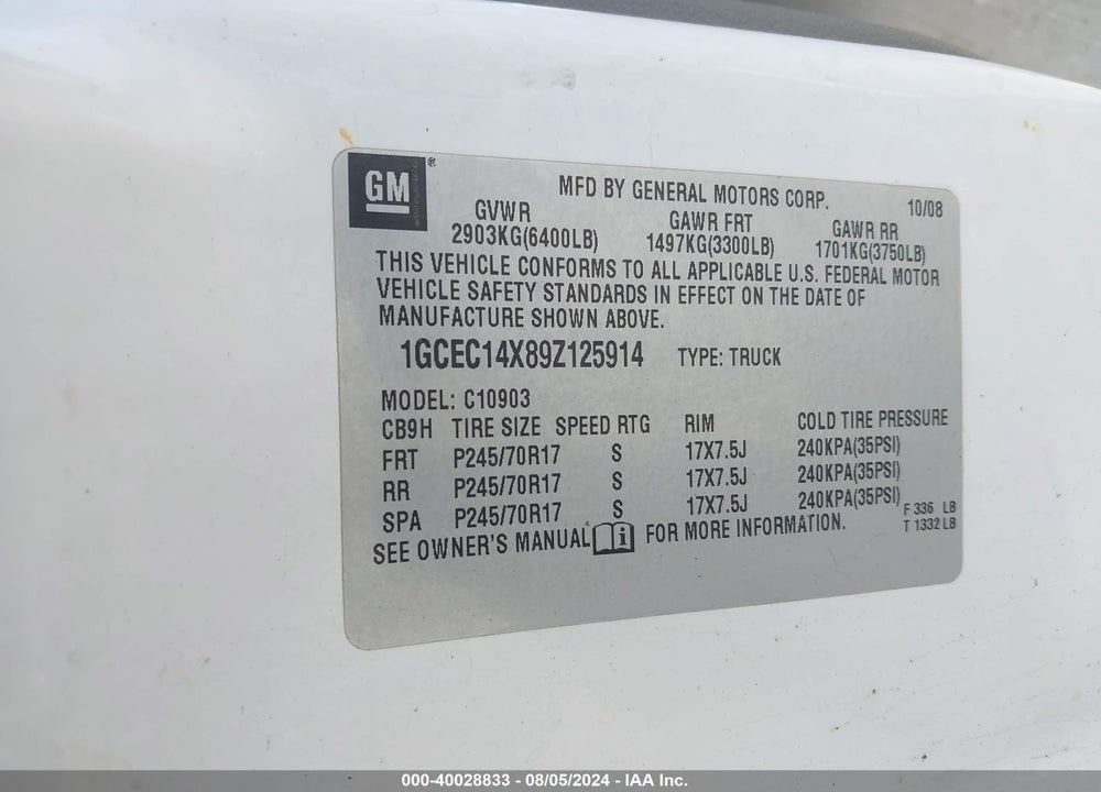 2009 CHEVROLET SILVERADO 1500 WORK TRUCK VIN: 1GCEC14X89Z125914