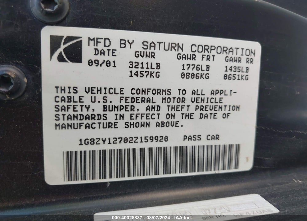 2002 SATURN S-SERIES SC2 VIN: 1G8ZY12702Z159920