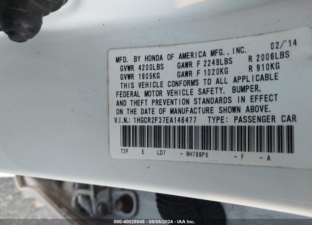 2014 HONDA ACCORD LX VIN: 1HGCR2F37EA146477