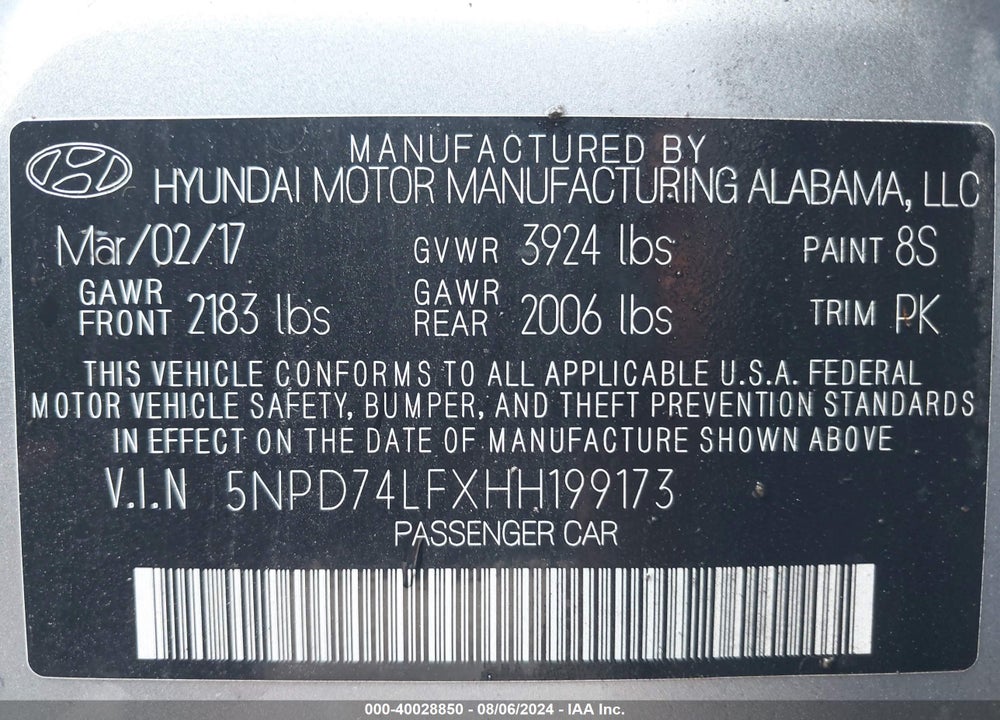 2017 HYUNDAI ELANTRA SE VIN: 5NPD74LFXHH199173