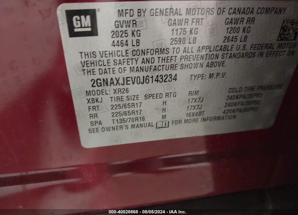 2018 CHEVROLET EQUINOX VIN: 2GNAXJEV0J6143234