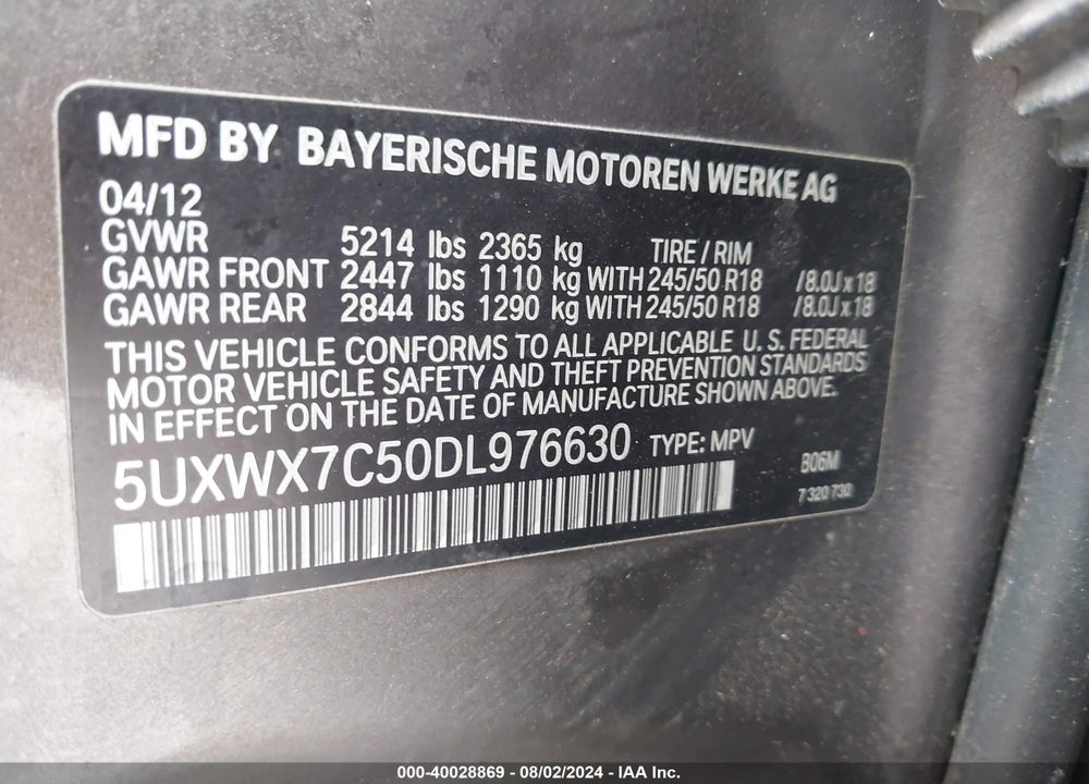 2013 BMW X3 XDRIVE35I VIN: 5UXWX7C50DL976630