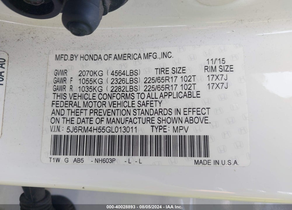 2016 HONDA CR-V EX VIN: 5J6RM4H55GL013011