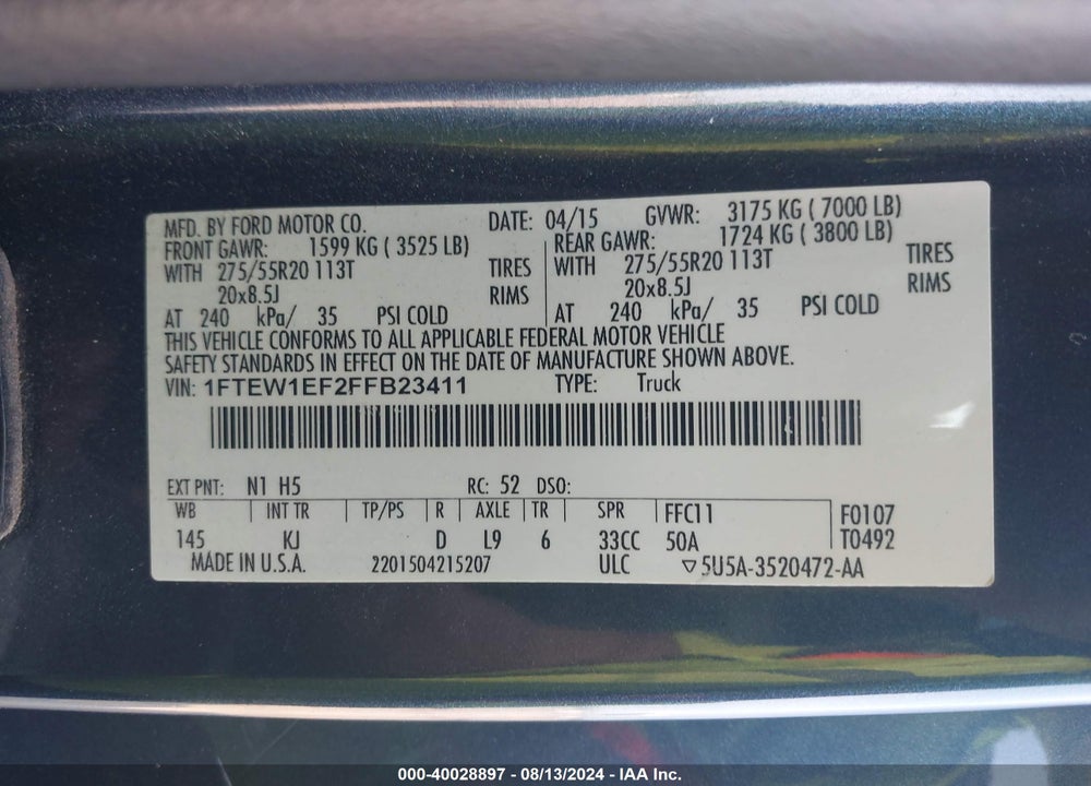 2015 FORD F-150 KING RANCH VIN: 1FTEW1EF2FFB23411