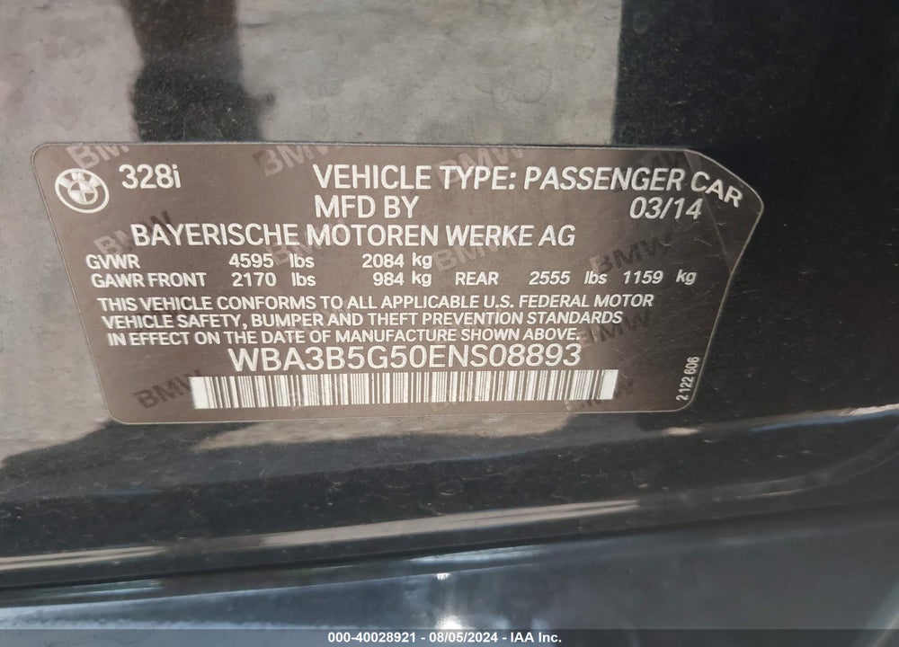 2014 BMW 328I VIN: WBA3B5G50ENS08893