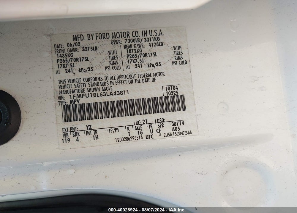 2003 FORD EXPEDITION EDDIE BAUER VIN: 1FMFU18L63LA43811