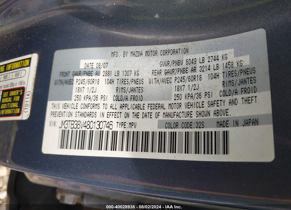 2008 MAZDA CX-9 TOURING VIN: JM3TB38V480130746