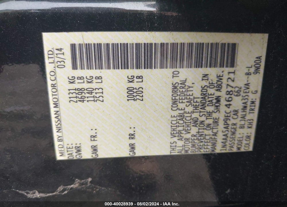 2014 NISSAN MAXIMA VIN: 1N4AA5AP9EC468721