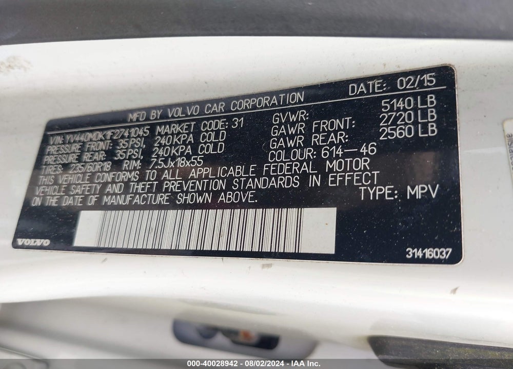 2015 VOLVO XC60 T5 PREMIER VIN: YV440MDK1F2741045