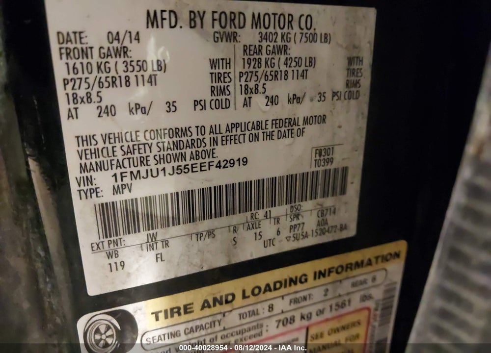 2014 FORD EXPEDITION XLT VIN: 1FMJU1J55EEF42919