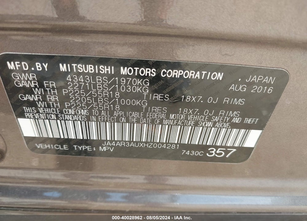 2017 MITSUBISHI OUTLANDER SPORT 2.0 ES VIN: JA4AR3AUXHZ004281