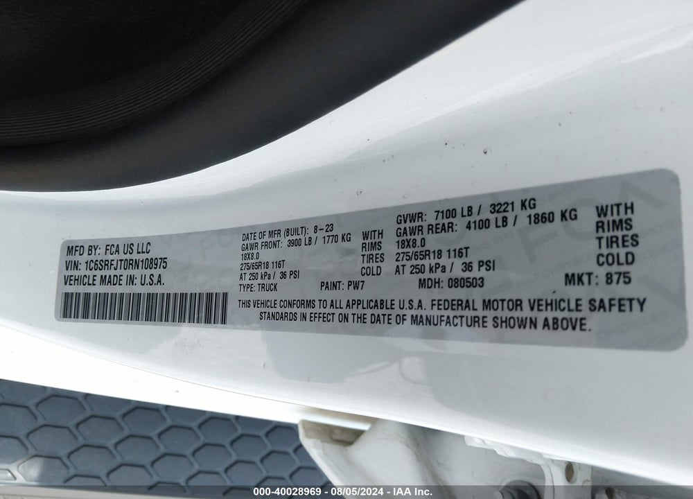 2024 RAM 1500 LAIE  4X4 5'7 BOX VIN: 1C6SRFJT0RN108975