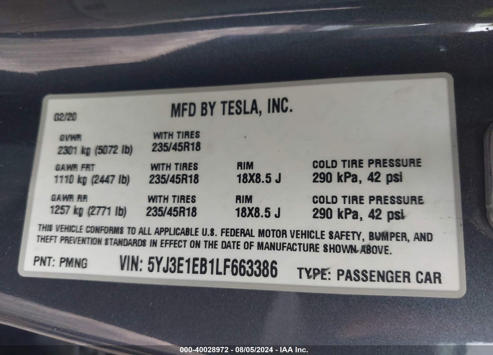 2020 TESLA MODEL 3 VIN: 5YJ3E1EB1LF663386