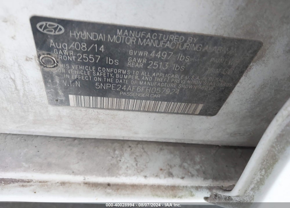 2015 HYUNDAI SONATA SE VIN: 5NPE24AF6FH057924