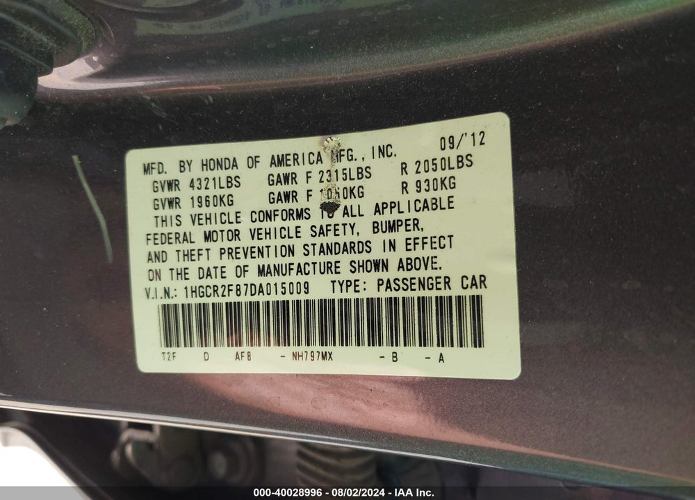 2013 HONDA ACCORD EX-L VIN: 1HGCR2F87DA015009