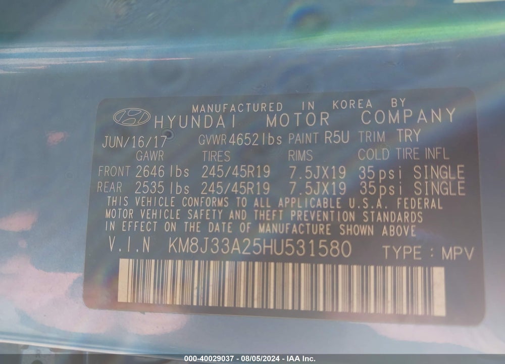 2017 HYUNDAI TUCSON LIMITED VIN: KM8J33A25HU531580