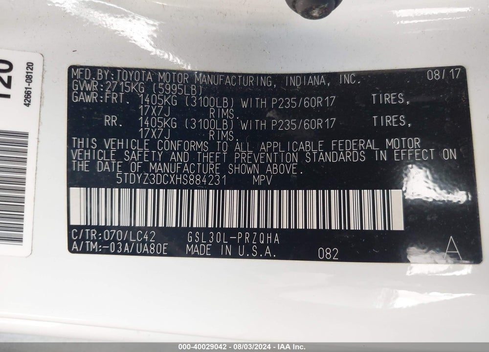 2017 TOYOTA SIENNA XLE 8 PASSENGER VIN: 5TDYZ3DCXHS884231