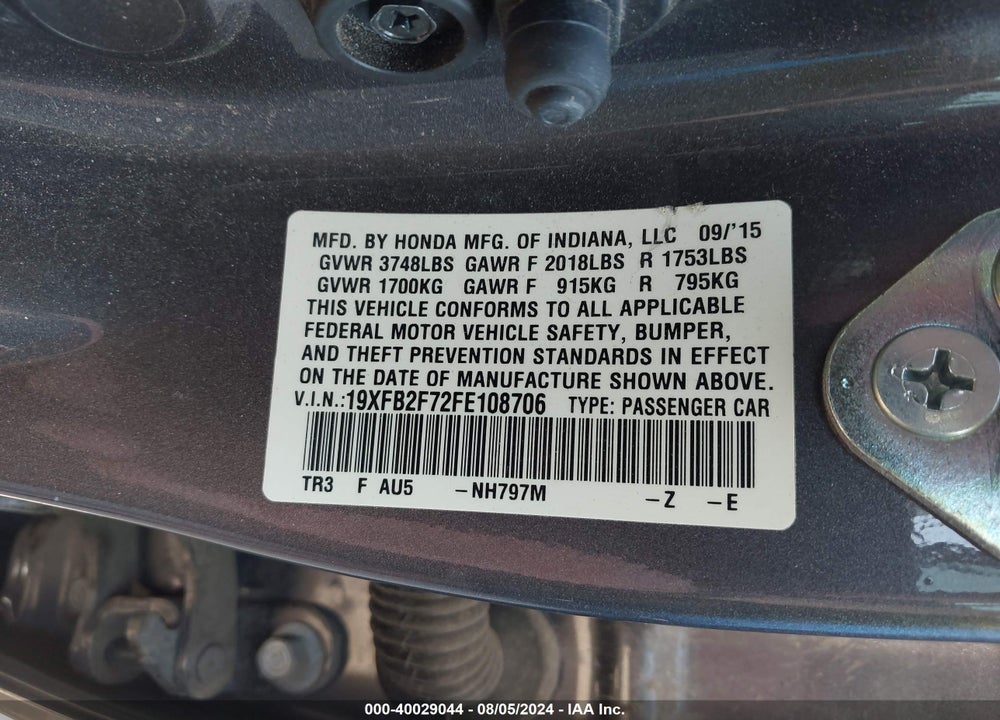 2015 HONDA CIVIC SE VIN: 19XFB2F72FE108706