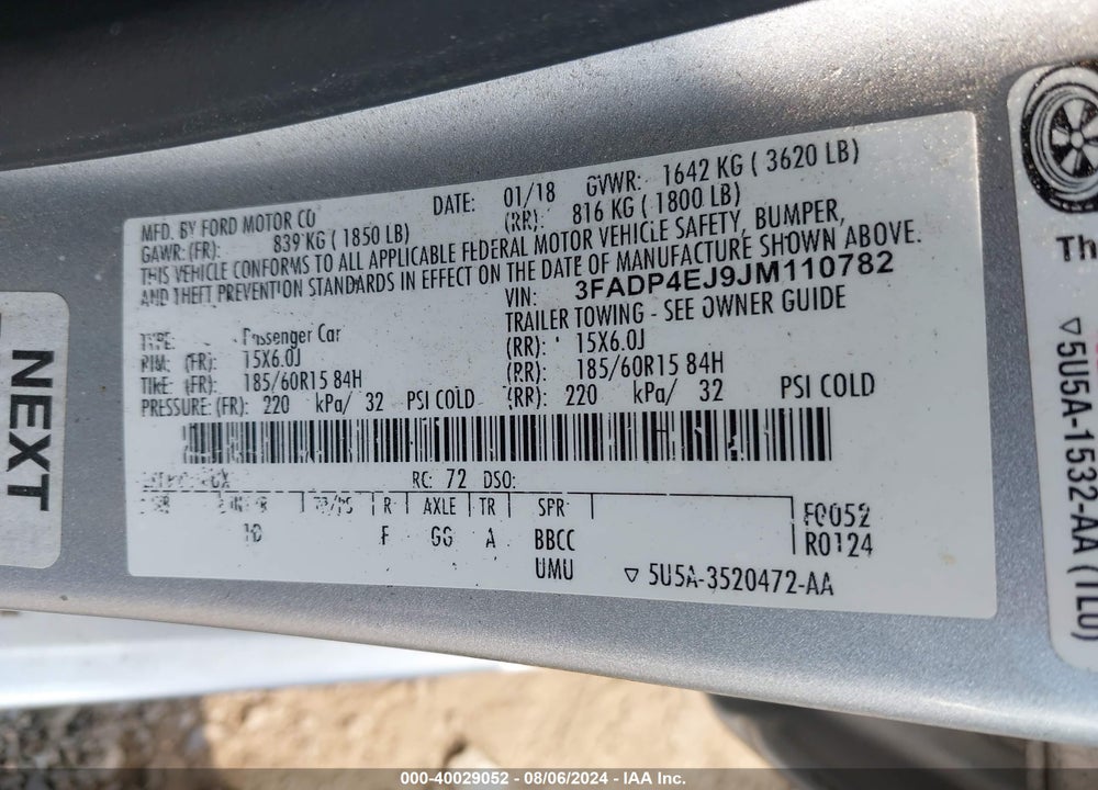 2018 FORD FIESTA SE VIN: 3FADP4EJ9JM110782