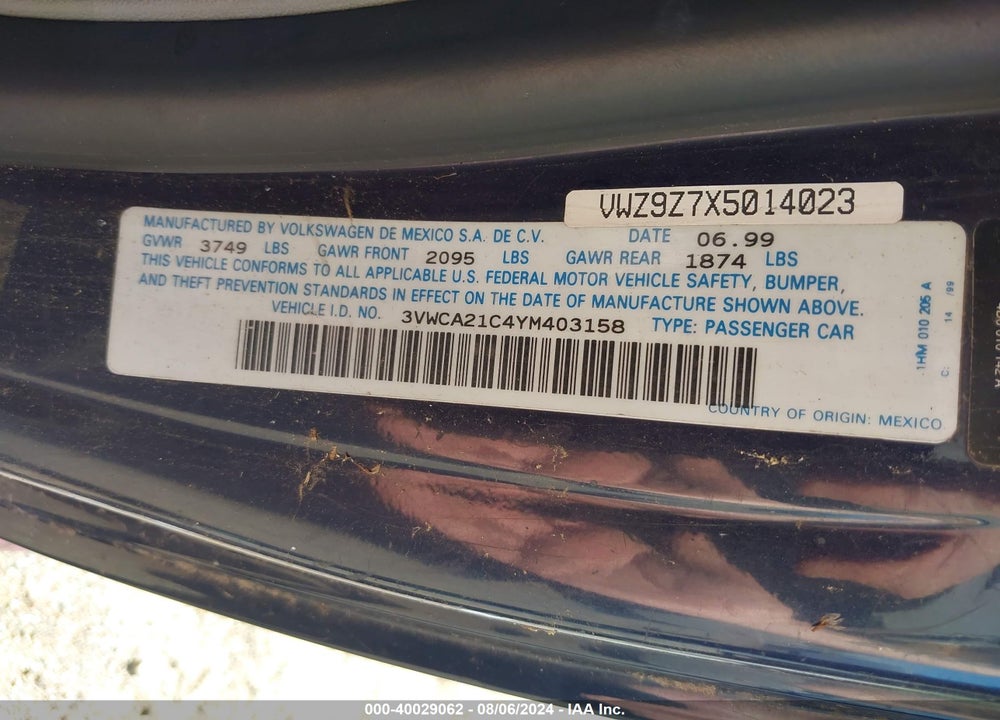 2000 VOLKSWAGEN NEW BEETLE GLS VIN: 3VWCA21C4YM403158