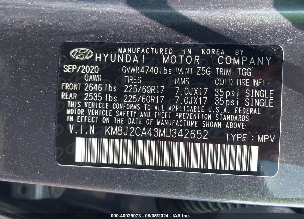 2021 HYUNDAI TUCSON SE VIN: KM8J2CA43MU342652