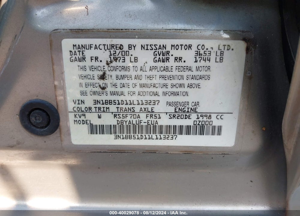 2001 NISSAN SENTRA SE- VIN: 3N1BB51D11L113237