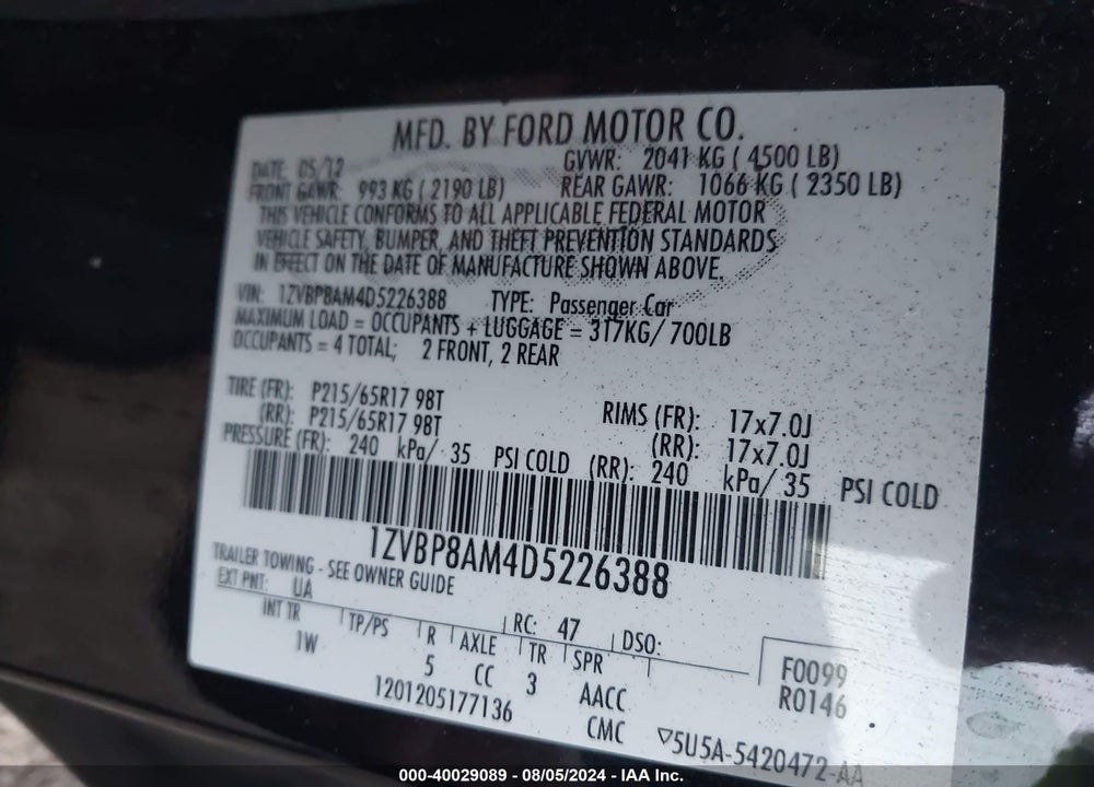 2013 FORD MUSTANG V6 VIN: 1ZVBP8AM4D5226388