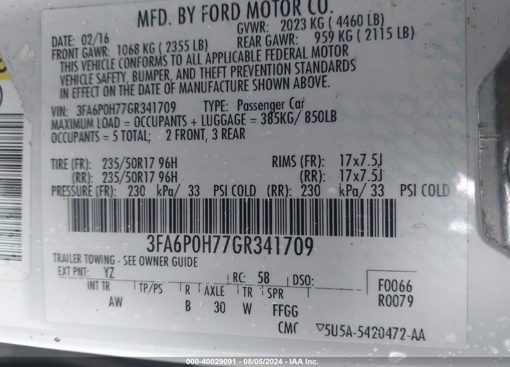 2016 FORD FUSION SE VIN: 3FA6P0H77GR341709