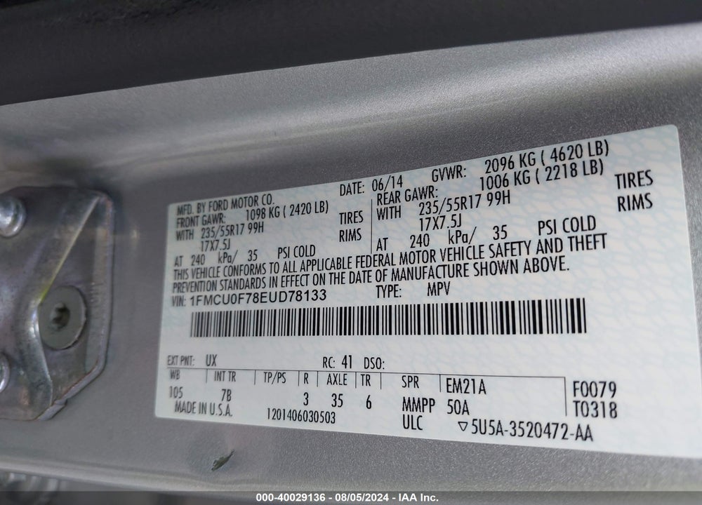 2014 FORD ESCAPE S VIN: 1FMCU0F78EUD78133