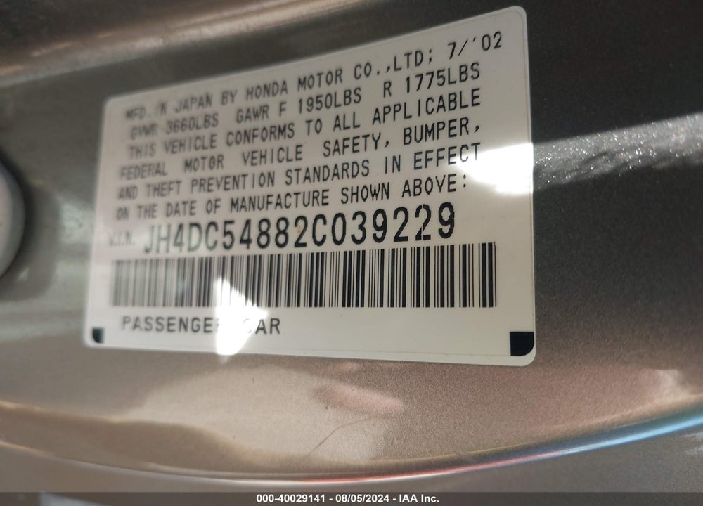 2002 ACURA RSX VIN: JH4DC54882C039229