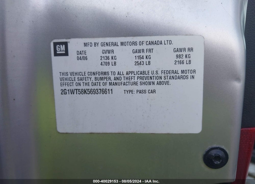 2006 CHEVROLET IMPALA LT VIN: 2G1WT58K569376611